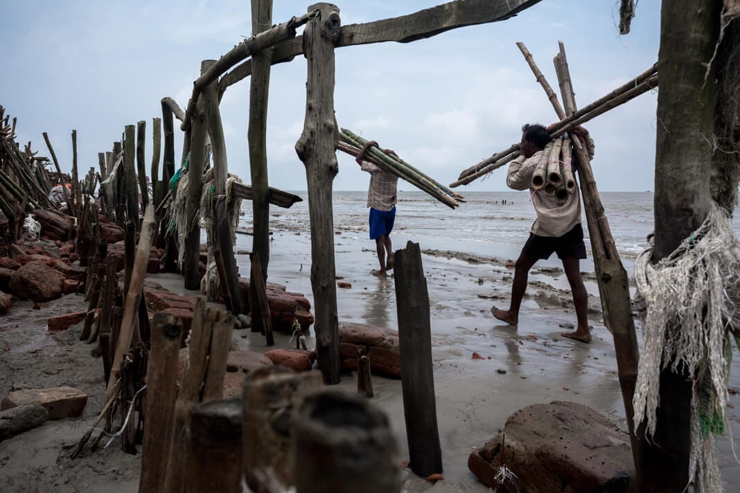 Two men carry long bamboo poles along a muddy path to reinforce a coastal embankment in the Sundarbans, India.